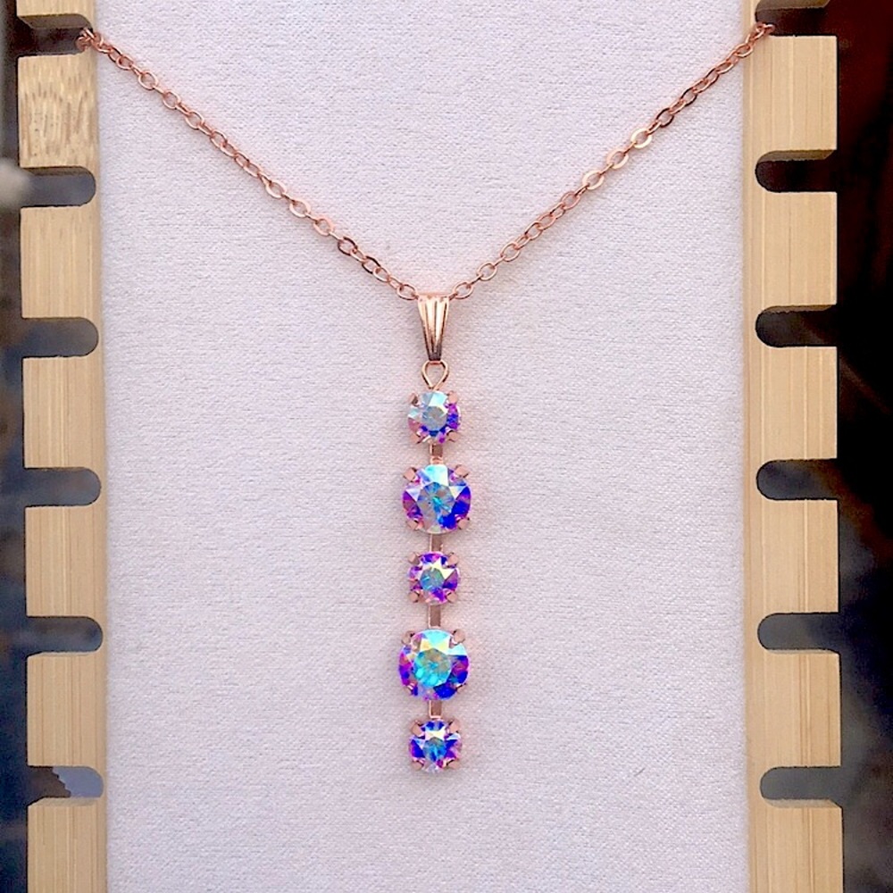 Aurora Borealis Rose Gold Crystal Drop Necklace - Picture 5 of 5